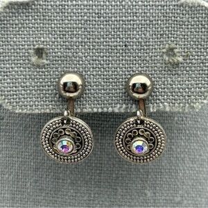 Vintage Silver Tone Medallion Dangle Aurora Borealis Rhinestone Clip On Earrings